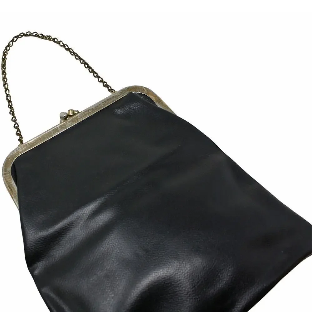 Vintage Black Vinyl Flat Purse w Chain or Folded Clutch Metal Frame 9x9 -Hey Viv